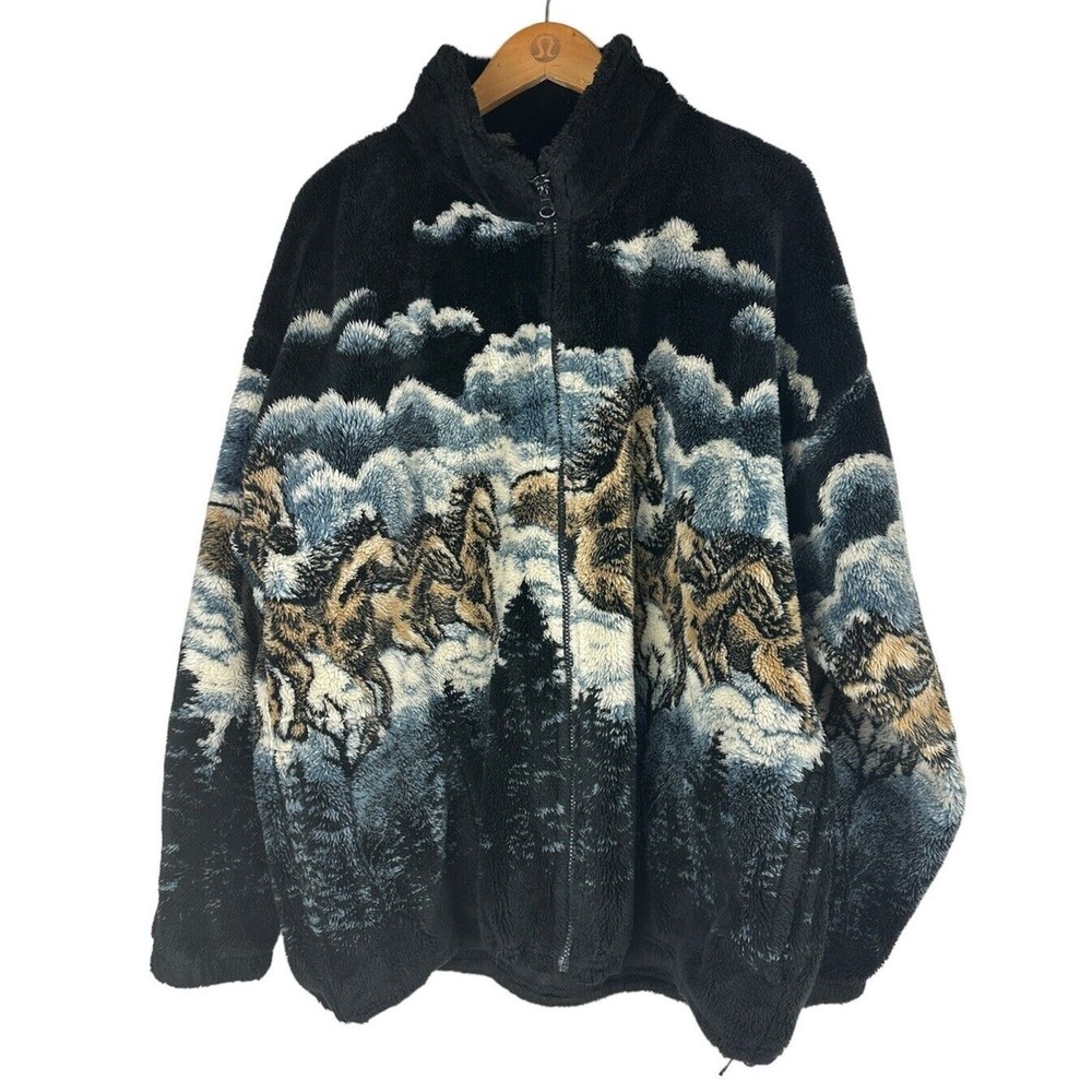 Vtg Mazmania Horse Fleece Sherpa Coat Multicolor Full Zip USA Made Equestrian XL - Picture 4 of 10